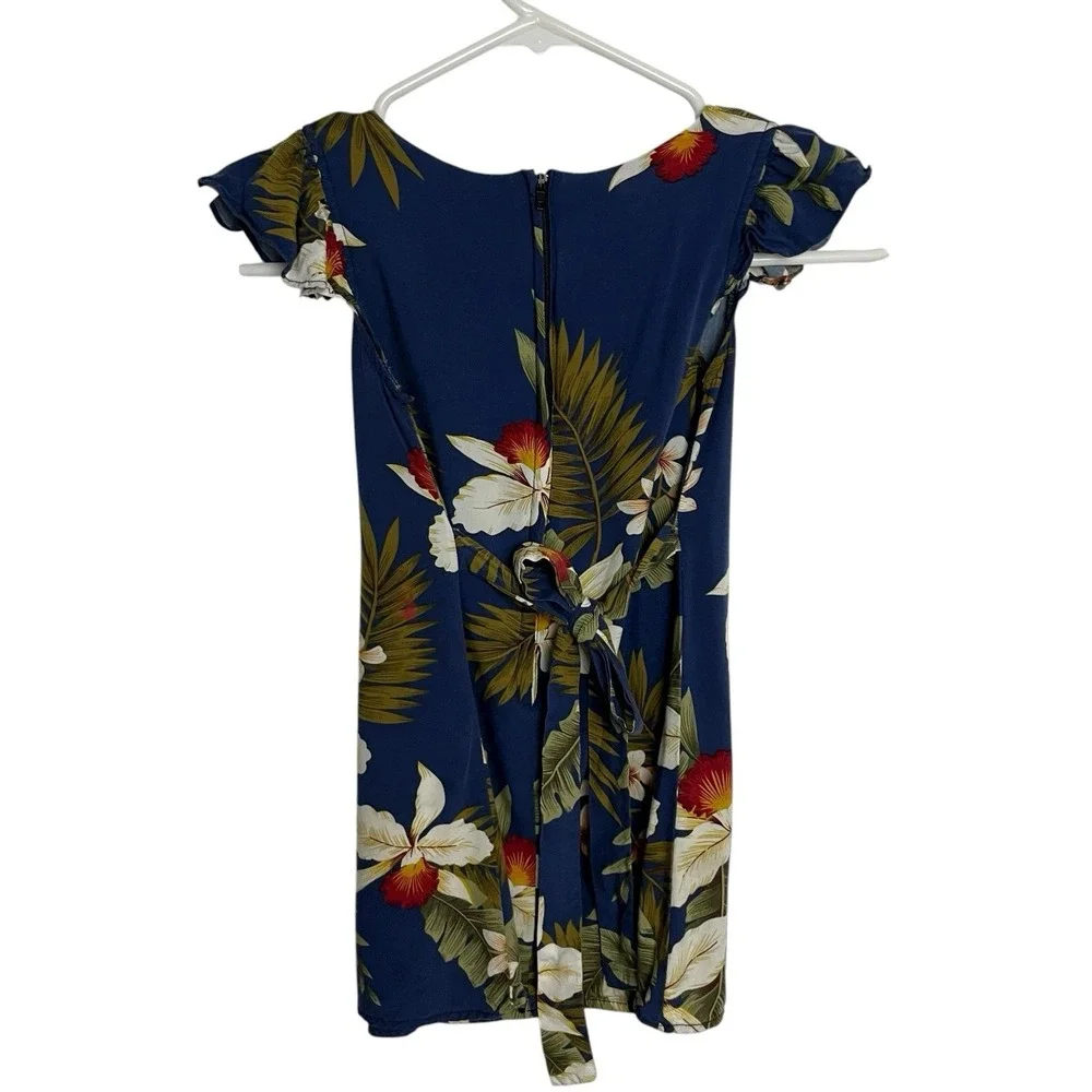 Two Palms Girls Hawaiian Dress Sz 4 Blue Tropical Floral Tie Back Flutter Sleeve